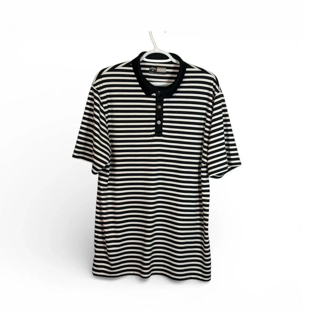 Callaway Opti‎ Dri Men's Golf Polo Shirt Black White Stripe Short Sleeve Size L